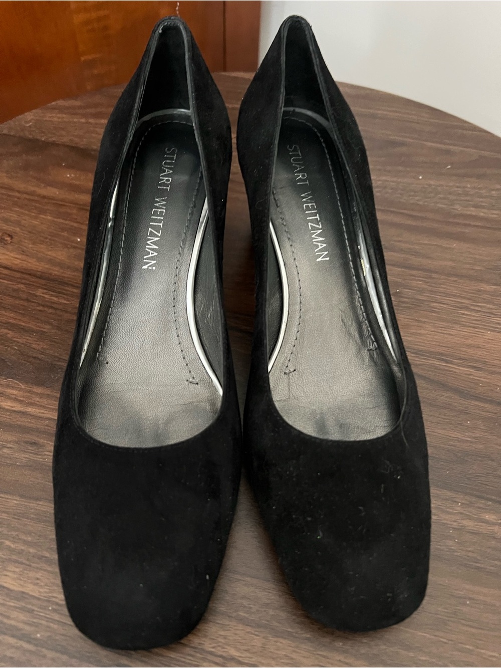Stuart Weitzman Black Suede Square Toe Block Heels